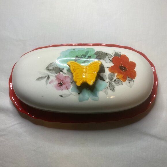 Pioneer Woman Floral Butterfly Butter Dish Red Base Retired OS - Picture 3 of 12